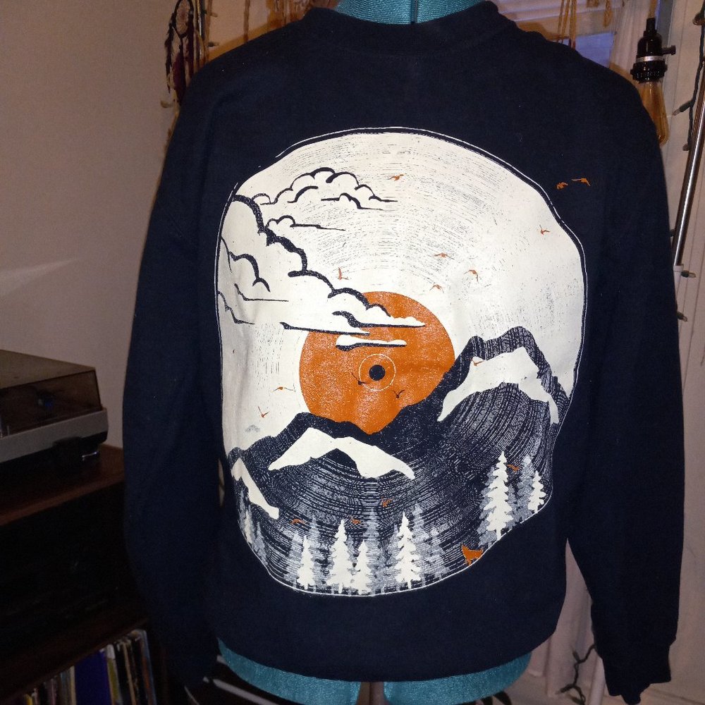 Unisex Black Vinyl Record and Nature Art Sweatshirt